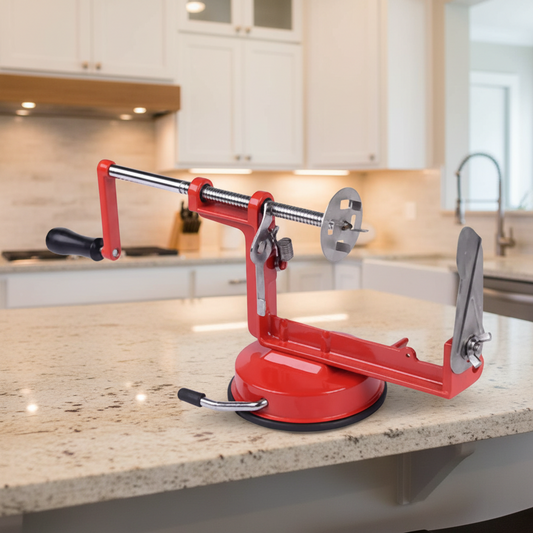 Red apple peeler with metal components on a white background